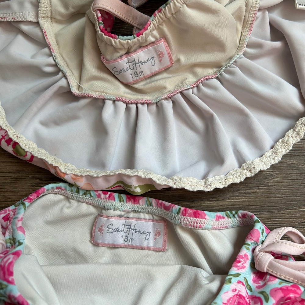 SweetHoney Girls Pink Rose Floral Ruffle Tankini Two Piece Swimsuit Set 18mo - Picture 3 of 3